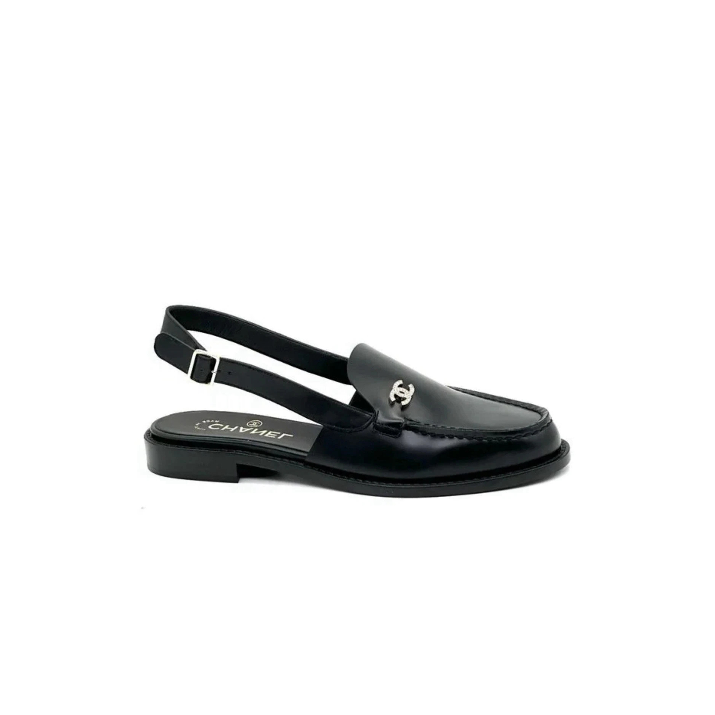 Ch*el 25p crystal cc logo leather slingback flat loafers sandals